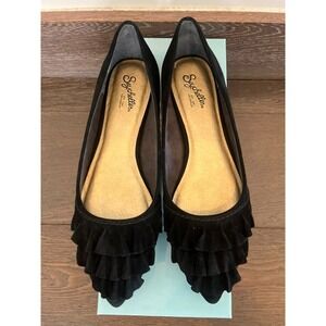 Seychelles Downstage Black Suede Ruffle Pointed Toe Ballet Flats Women's Size 8